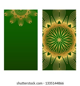 Invitation Or Card Template With Floral Mandala Pattern. For Wedding, Greeting Cards, Birthday Invitation. The Front And Rear Side. Vector Illustration. Green gold color.