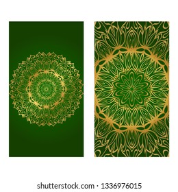 Invitation Or Card Template With Floral Mandala Pattern. Decorative Background For Wedding, Greeting Cards, Birthday Invitation. The Front And Rear Side. Green gold color.