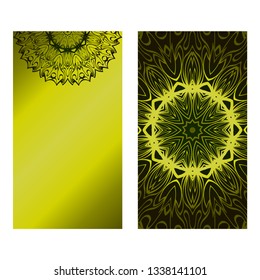 Invitation Or Card Template With Floral Mandala Pattern. Decorative Background For Wedding, Greeting Cards, Birthday Invitation. The Front And Rear Side. Green olive gradient color.