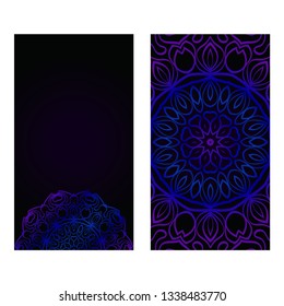 Invitation Or Card Template With Floral Mandala Pattern. The Front And Rear Side. Vector Illustration. Blue color on black background.