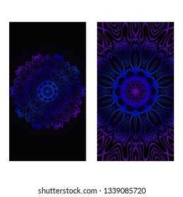 Invitation Or Card Template With Floral Mandala Pattern. The Front And Rear Side. Vector Illustration. Blue color on black background.