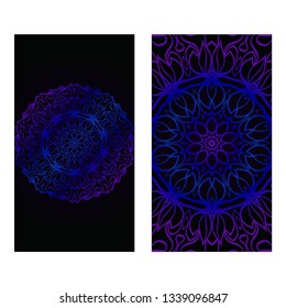 Invitation Or Card Template With Floral Mandala Pattern. The Front And Rear Side. Vector Illustration. Blue color on black background.