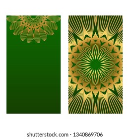 Invitation Or Card Template With Floral Mandala Pattern. For Wedding, Greeting Cards, Birthday Invitation. The Front And Rear Side. Vector Illustration. Green gold color.