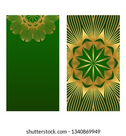 Invitation Or Card Template With Floral Mandala Pattern. For Wedding, Greeting Cards, Birthday Invitation. The Front And Rear Side. Vector Illustration. Green gold color.