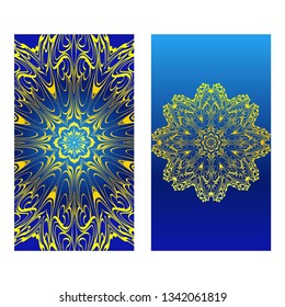 Invitation Or Card Template With Floral Mandala Pattern. The Front And Rear Side. Vector Illustration. Blue yellow color.