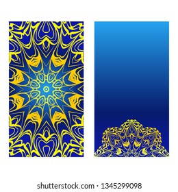 Invitation Or Card Template With Floral Mandala Pattern. The Front And Rear Side. Vector Illustration. Blue yellow color.