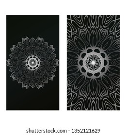 Invitation Or Card Template With Floral Mandala Pattern. For Wedding, Greeting Cards, Birthday Invitation. The Front And Rear Side. Vector Illustration. Silver black color.