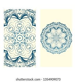 Invitation Or Card Template With Floral Mandala Pattern. Decorative Background For Wedding, Greeting Cards, Birthday Invitation. The Front And Rear Side. Milk blue color.