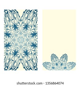Invitation Or Card Template With Floral Mandala Pattern. Decorative Background For Wedding, Greeting Cards, Birthday Invitation. The Front And Rear Side. Milk blue color.
