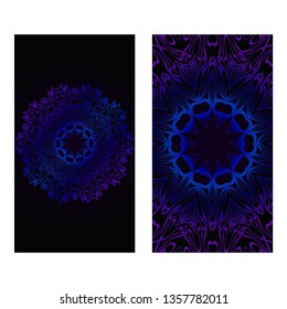 Invitation Or Card Template With Floral Mandala Pattern. The Front And Rear Side. Vector Illustration. Blue color on black background.