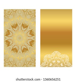 Invitation Or Card Template With Floral Mandala Pattern. For Wedding, Greeting Cards, Birthday Invitation. The Front And Rear Side. Vector Illustration. Gold color.
