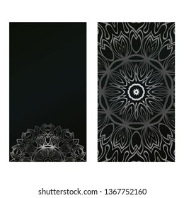 Invitation Or Card Template With Floral Mandala Pattern. For Wedding, Greeting Cards, Birthday Invitation. The Front And Rear Side. Vector Illustration. Silver black color.
