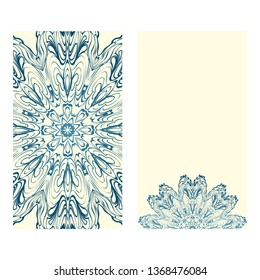 Invitation Or Card Template With Floral Mandala Pattern. Decorative Background For Wedding, Greeting Cards, Birthday Invitation. The Front And Rear Side. Milk blue color.