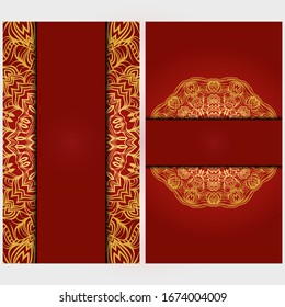 Invitation or Card template with floral mandala pattern.   The front and rear side. Vector