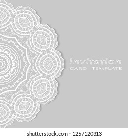 Invitation or Card template with lacе frame border, doodle line pattern, mandala element. Decorative openwork filigree art background for Wedding, Valentine's day greeting card, Birthday Invitation