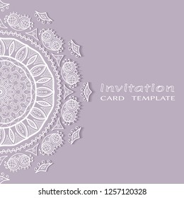 Invitation or Card template with lacе frame border, doodle line pattern, mandala element. Decorative openwork filigree art background for Wedding, Valentine's day greeting card, Birthday Invitation