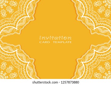 Invitation or Card template with lacе frame border, doodle line pattern, mandala element. Decorative openwork filigree art background for Wedding, Valentine's day greeting card, Birthday Invitation