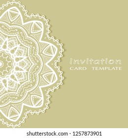 Invitation or Card template with lacе frame border, doodle line pattern, mandala element. Decorative openwork filigree art background for Wedding, Valentine's day greeting card, Birthday Invitation