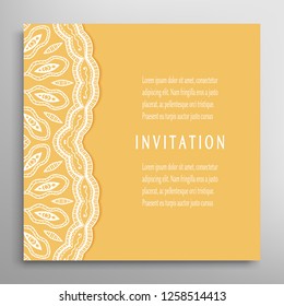 Invitation or Card template with lacе frame border, doodle line pattern, mandala element. Decorative openwork filigree art background for Wedding, Valentine's day greeting card, Birthday Invitation
