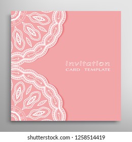 Invitation or Card template with lacе frame border, doodle line pattern, mandala element. Decorative openwork filigree art background for Wedding, Valentine's day greeting card, Birthday Invitation