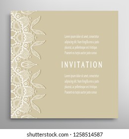 Invitation or Card template with lacе frame border, doodle line pattern, mandala element. Decorative openwork filigree art background for Wedding, Valentine's day greeting card, Birthday Invitation