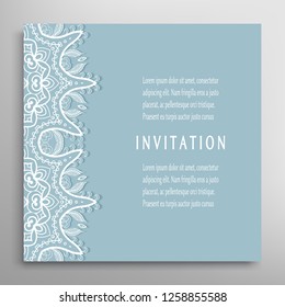 Invitation or Card template with lacе frame border, doodle line pattern, mandala element. Decorative openwork filigree art background for Wedding, Valentine's day greeting card, Birthday Invitation