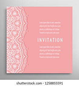 Invitation or Card template with lacе frame border, doodle line pattern, mandala element. Decorative openwork filigree art background for Wedding, Valentine's day greeting card, Birthday Invitation