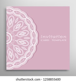 Invitation or Card template with lacе frame border, doodle line pattern, mandala element. Decorative openwork filigree art background for Wedding, Valentine's day greeting card, Birthday Invitation