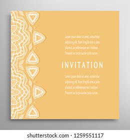 Invitation or Card template with lacе frame border, doodle line pattern, mandala element. Decorative openwork filigree art background for Wedding, Valentine's day greeting card, Birthday Invitation