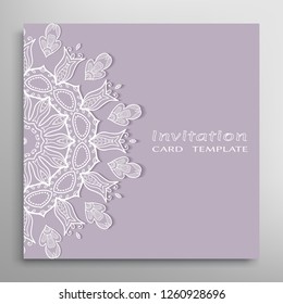 Invitation or Card template with lacе frame border, doodle line pattern, mandala element. Decorative openwork filigree art background for Wedding, Valentine's day greeting card, Birthday Invitation