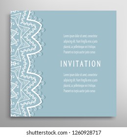 Invitation or Card template with lacе frame border, doodle line pattern, mandala element. Decorative openwork filigree art background for Wedding, Valentine's day greeting card, Birthday Invitation