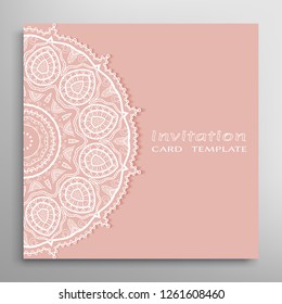 Invitation or Card template with lacе frame border, doodle line pattern, mandala element. Decorative openwork filigree art background for Wedding, Valentine's day greeting card, Birthday Invitation