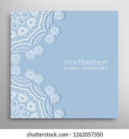 Invitation or Card template with lacе frame border, doodle line pattern, mandala element. Decorative openwork filigree art background for Wedding, Valentine's day greeting card, Birthday Invitation
