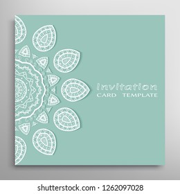 Invitation or Card template with lacе frame border, doodle line pattern, mandala element. Decorative openwork filigree art background for Wedding, Valentine's day greeting card, Birthday Invitation