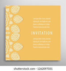 Invitation or Card template with lacе frame border, doodle line pattern, mandala element. Decorative openwork filigree art background for Wedding, Valentine's day greeting card, Birthday Invitation