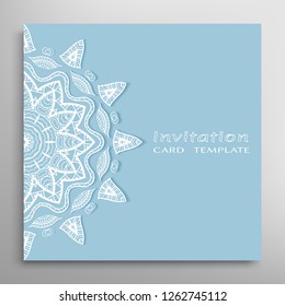 Invitation or Card template with lacе frame border, doodle line pattern, mandala element. Decorative openwork filigree art background for Wedding, Valentine's day greeting card, Birthday Invitation