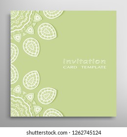 Invitation or Card template with lacе frame border, doodle line pattern, mandala element. Decorative openwork filigree art background for Wedding, Valentine's day greeting card, Birthday Invitation
