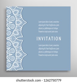 Invitation or Card template with lacе frame border, doodle line pattern, mandala element. Decorative openwork filigree art background for Wedding, Valentine's day greeting card, Birthday Invitation