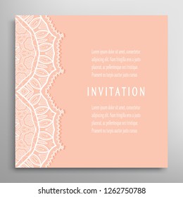 Invitation or Card template with lacе frame border, doodle line pattern, mandala element. Decorative openwork filigree art background for Wedding, Valentine's day greeting card, Birthday Invitation