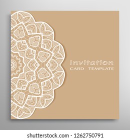 Invitation or Card template with lacе frame border, doodle line pattern, mandala element. Decorative openwork filigree art background for Wedding, Valentine's day greeting card, Birthday Invitation