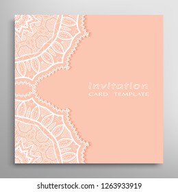 Invitation or Card template with lacе frame border, doodle line pattern, mandala element. Decorative openwork filigree art background for Wedding, Valentine's day greeting card, Birthday Invitation