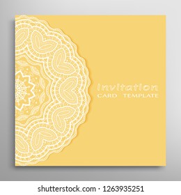 Invitation or Card template with lacе frame border, doodle line pattern, mandala element. Decorative openwork filigree art background for Wedding, Valentine's day greeting card, Birthday Invitation