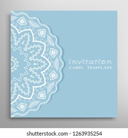 Invitation or Card template with lacе frame border, doodle line pattern, mandala element. Decorative openwork filigree art background for Wedding, Valentine's day greeting card, Birthday Invitation