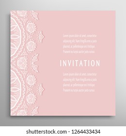 Invitation or Card template with lacе frame border, doodle line pattern, mandala element. Decorative openwork filigree art background for Wedding, Valentine's day greeting card, Birthday Invitation