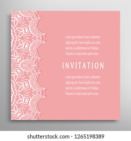 Invitation or Card template with lacе frame border, doodle line pattern, mandala element. Decorative openwork filigree art background for Wedding, Valentine's day greeting card, Birthday Invitation