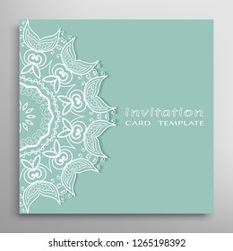 Invitation or Card template with lacе frame border, doodle line pattern, mandala element. Decorative openwork filigree art background for Wedding, Valentine's day greeting card, Birthday Invitation