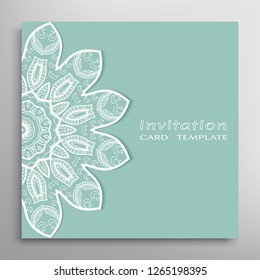Invitation or Card template with lacе frame border, doodle line pattern, mandala element. Decorative openwork filigree art background for Wedding, Valentine's day greeting card, Birthday Invitation