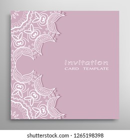 Invitation or Card template with lacе frame border, doodle line pattern, mandala element. Decorative openwork filigree art background for Wedding, Valentine's day greeting card, Birthday Invitation