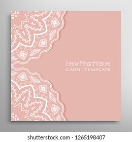 Invitation or Card template with lacе frame border, doodle line pattern, mandala element. Decorative openwork filigree art background for Wedding, Valentine's day greeting card, Birthday Invitation