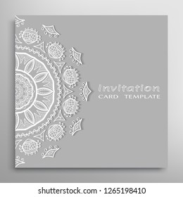 Invitation or Card template with lacе frame border, doodle line pattern, mandala element. Decorative openwork filigree art background for Wedding, Valentine's day greeting card, Birthday Invitation